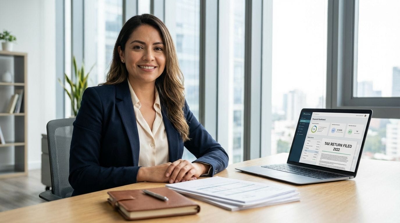 Empleada mexicana en oficina con laptop mostrando declaración fiscal